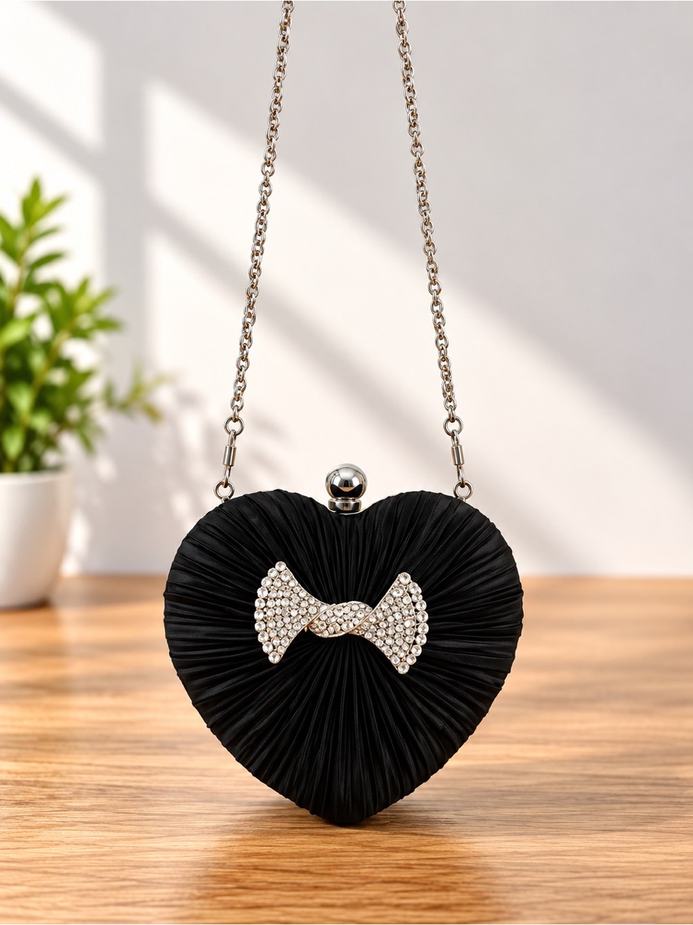 Black Heart Rhinestone Evening Clutch Crossbody Party Purse
